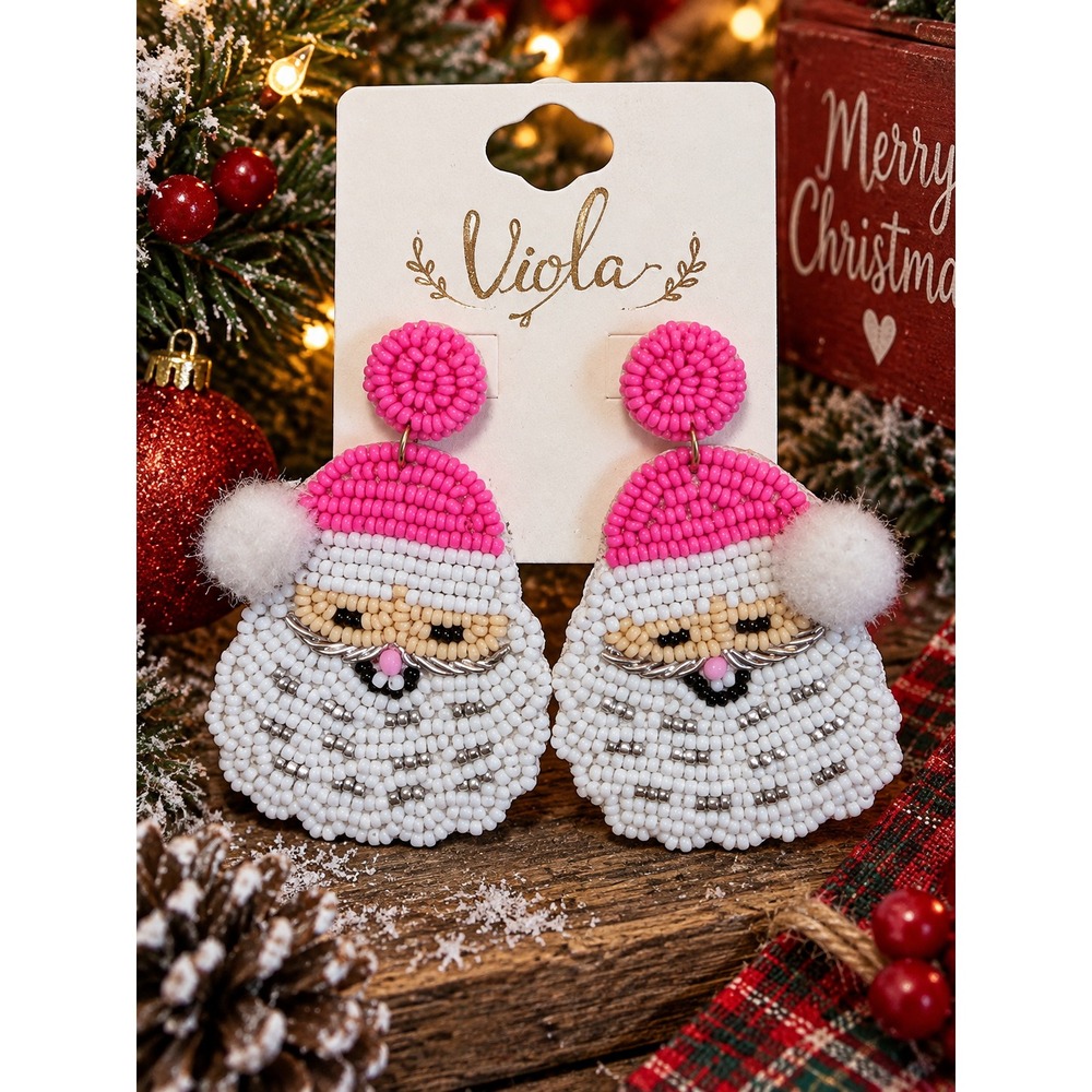 Pink Santa Seed Bead Earrings Christmas Claus Holiday Statement Beaded
